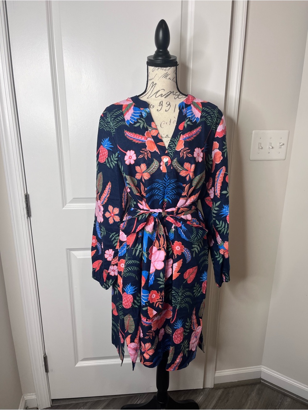 Boden Navy Wrap Dress with Pink Floral Print size 14